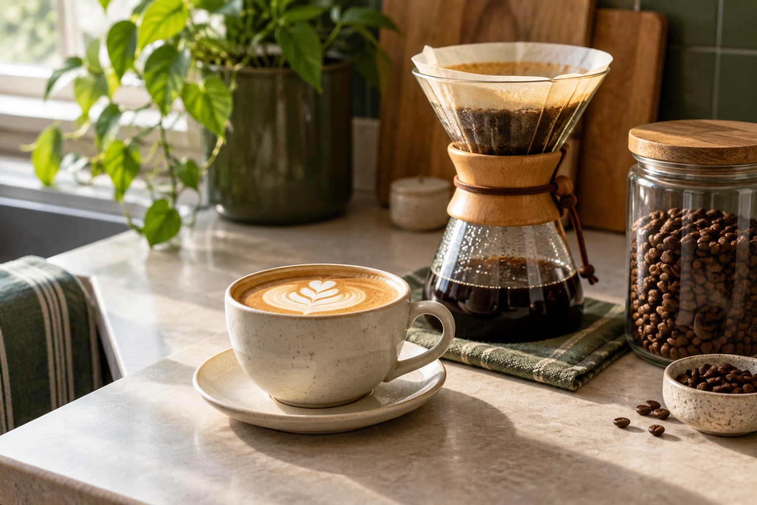 Illustrative coffee-at-home scene with a ceramic cup, manual brewer and jar of beans